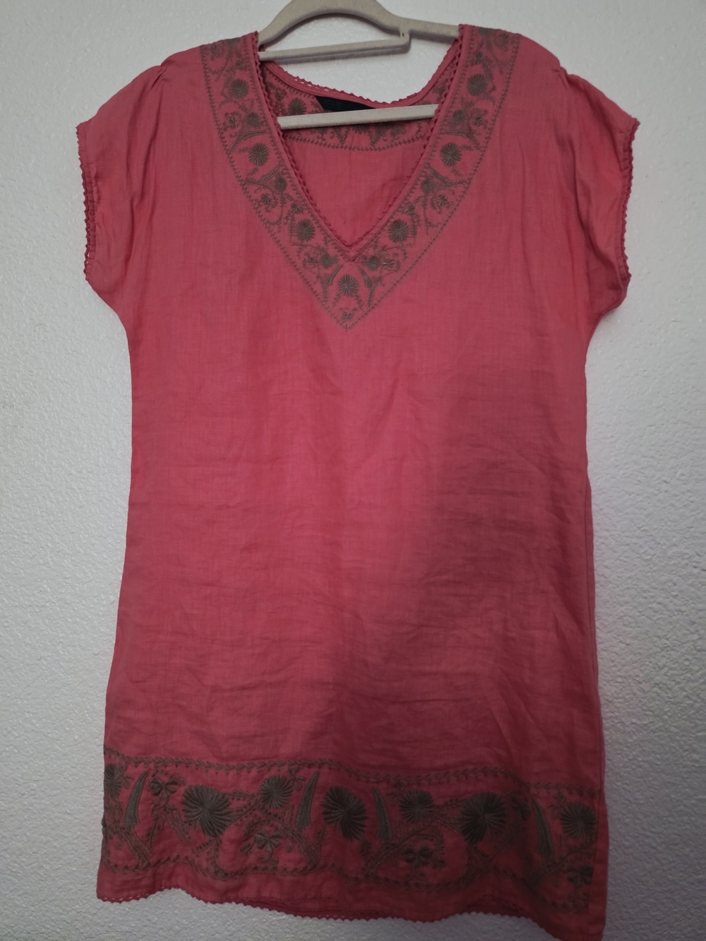 Zara Coral-Pink Embroidered V-Neck Tunic